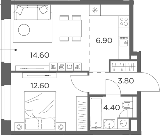 2-комн., 42.3 м², 12/17 этаж, ЖК «Белый Град»