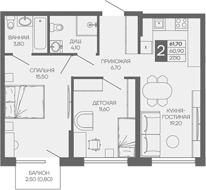 2-комн. квартира, 60.9 м² в ЖК Иначе в Молодежном — фото 2