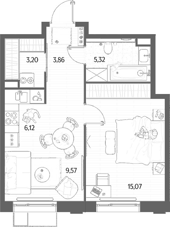 2-комн., 43.14 м², 2/8 этаж, ЖК «МЫС»
