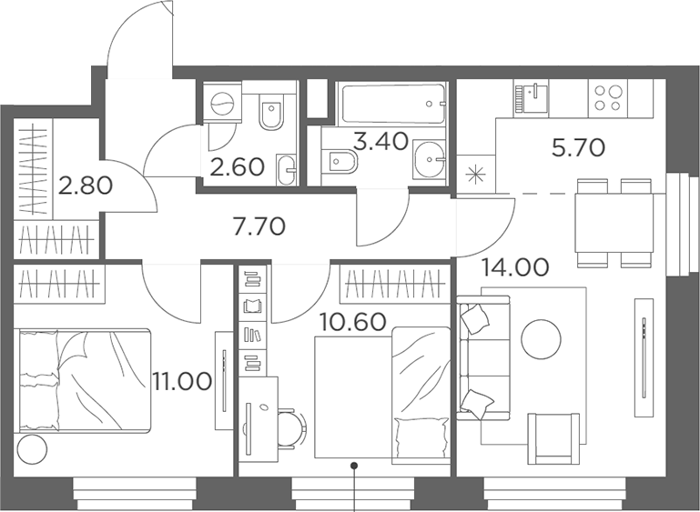 3-комн., 57.8 м², 6/20 этаж, ЖК «Белый Град»