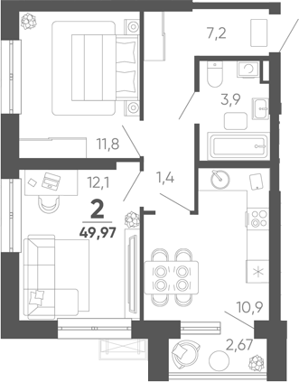2-комн. квартира, 47.3 м² в ЖК Барса — фото 2