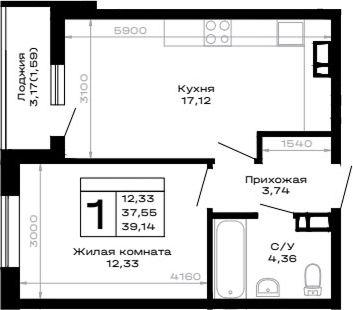 1-комн., 37.55 м², 4/14 этаж, ЖК «Горные высоты»
