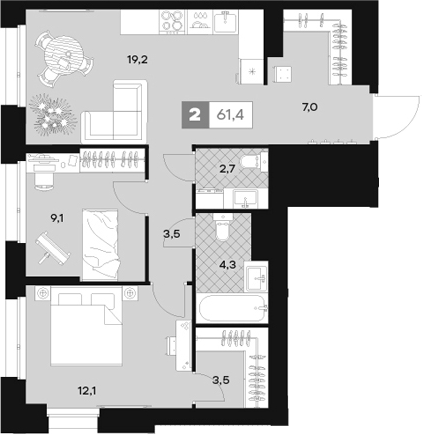 2-комн., 61.4 м², 10/30 этаж, ЖК «ЮТУ»