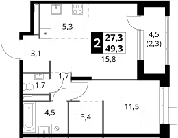 2-комн., 47 м², 24/25 этаж, ЖК «1-й Саларьевский»