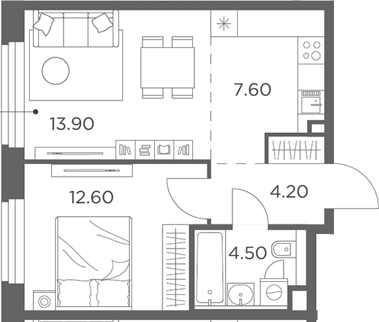 2-комн., 42.8 м², 13/17 этаж, ЖК «Белый Град»