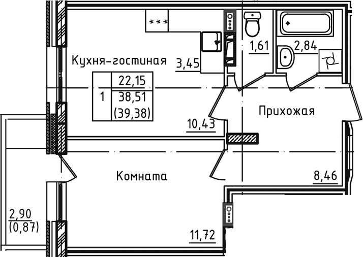 2-комн., 38.51 м², 5/5 этаж, ЖК «Зеленый город»