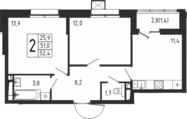 2-комн., 51 м², 9/10 этаж, ЖК «Берег»