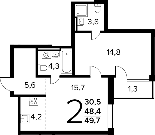2-комн., 48.4 м², 8/11 этаж, ЖК «Новые Ватутинки Квартал у реки»