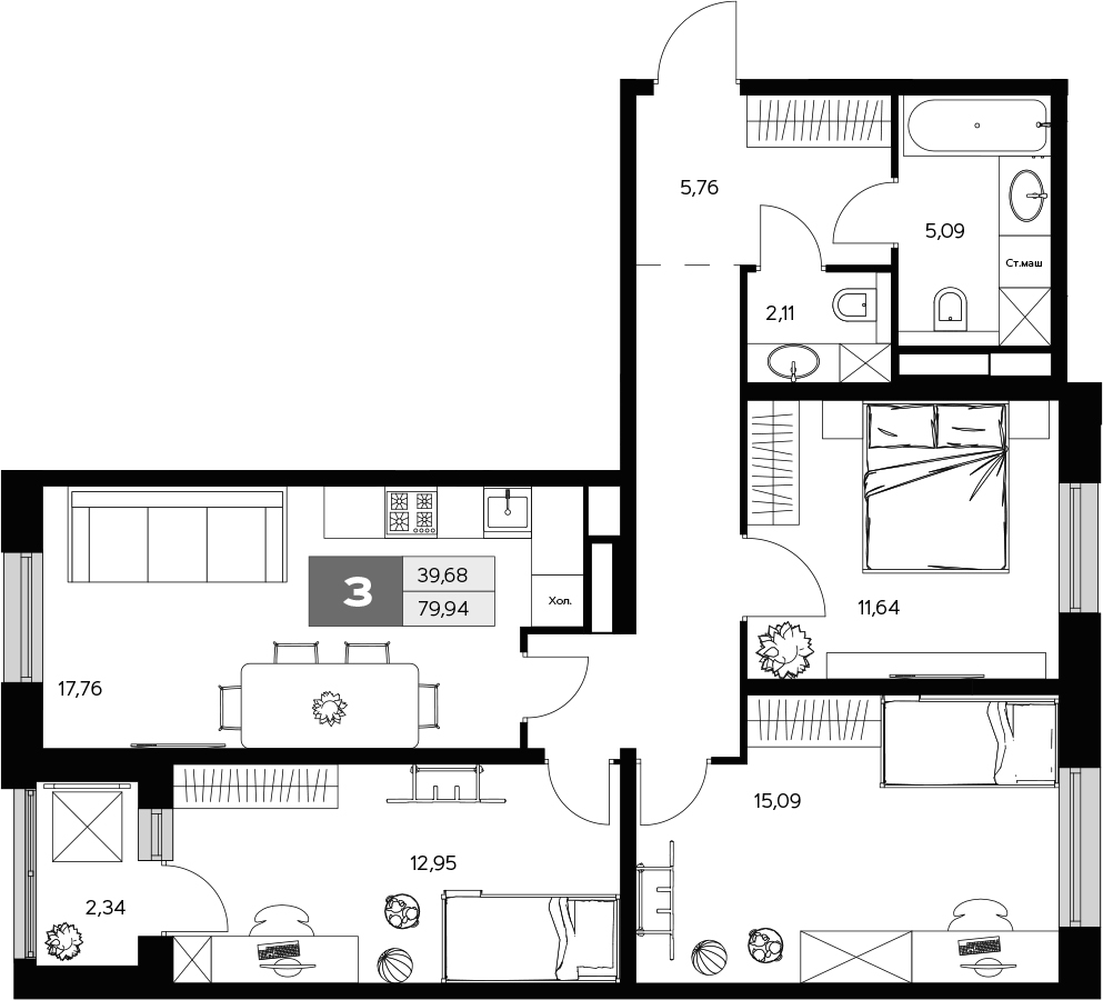 3-комн., 77.6 м², 8/10 этаж, ЖК «Ласточкино»