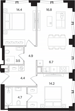3-комн., 69.6 м², 36/42 этаж, ЖК «АУРА»