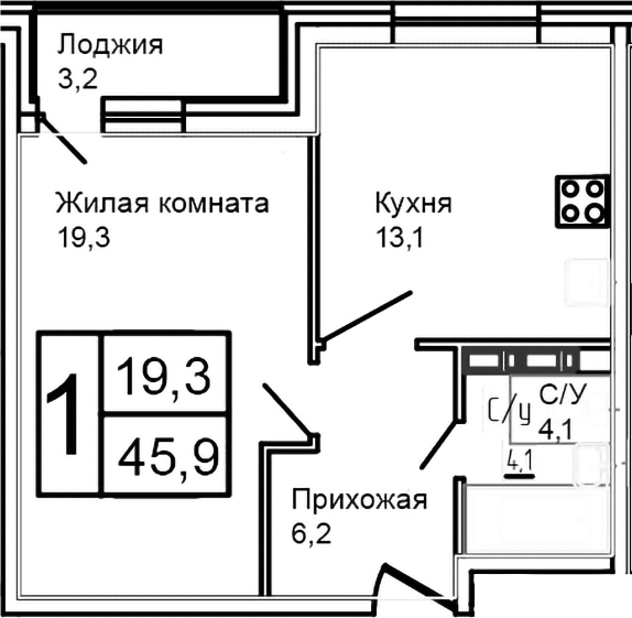 1-комн., 42.7 м², 6/12 этаж, ЖК «Троицкий»