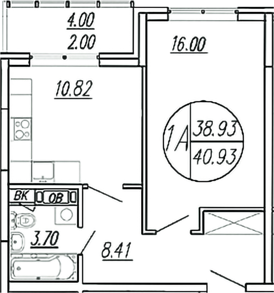1-комн., 38.93 м², 4/4 этаж, ЖК «Шолохово»