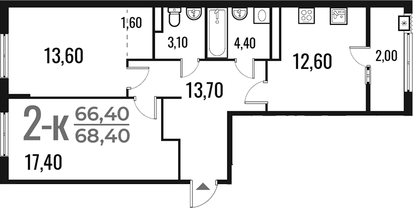2-комн., 66.4 м², 5/7 этаж, ЖК «Новое Летово»
