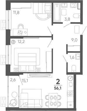 2-комн. квартира, 53.5 м² в ЖК Барса — фото 2