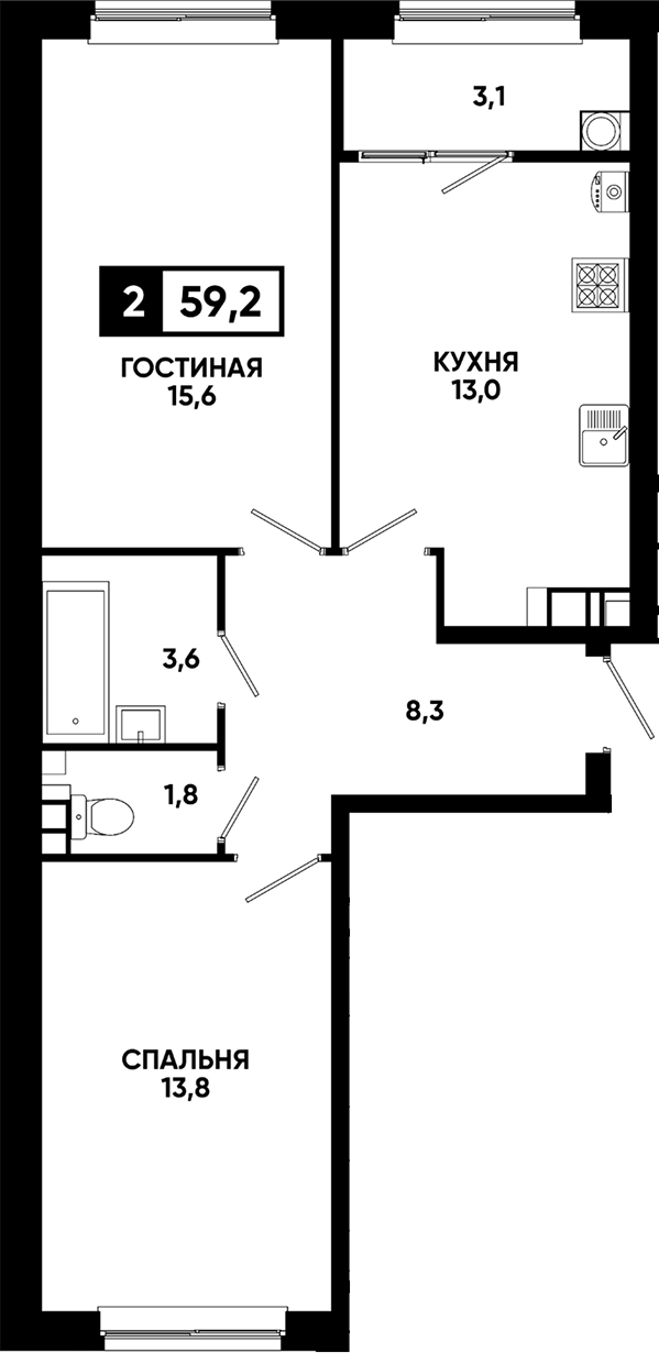 2-комн., 56.1 м², 4/12 этаж, ЖК «Кварталы 17/77»