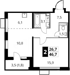 1-комн., 44.9 м², 24/24 этаж, ЖК «1-й Донской»