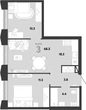 3-комн., 48.5 м², 6/33 этаж, ЖК «Страна.Заречная»