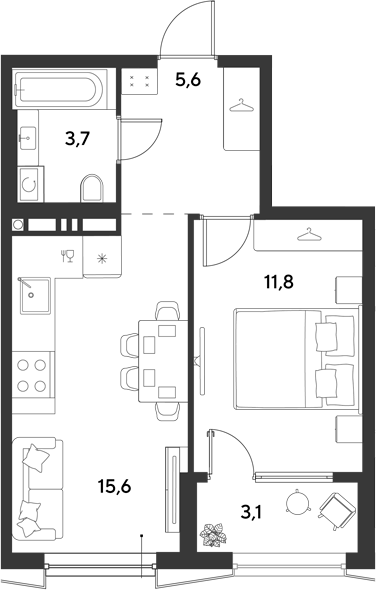 1-комн., 36.7 м², 5/9 этаж, ЖК «Ридз»