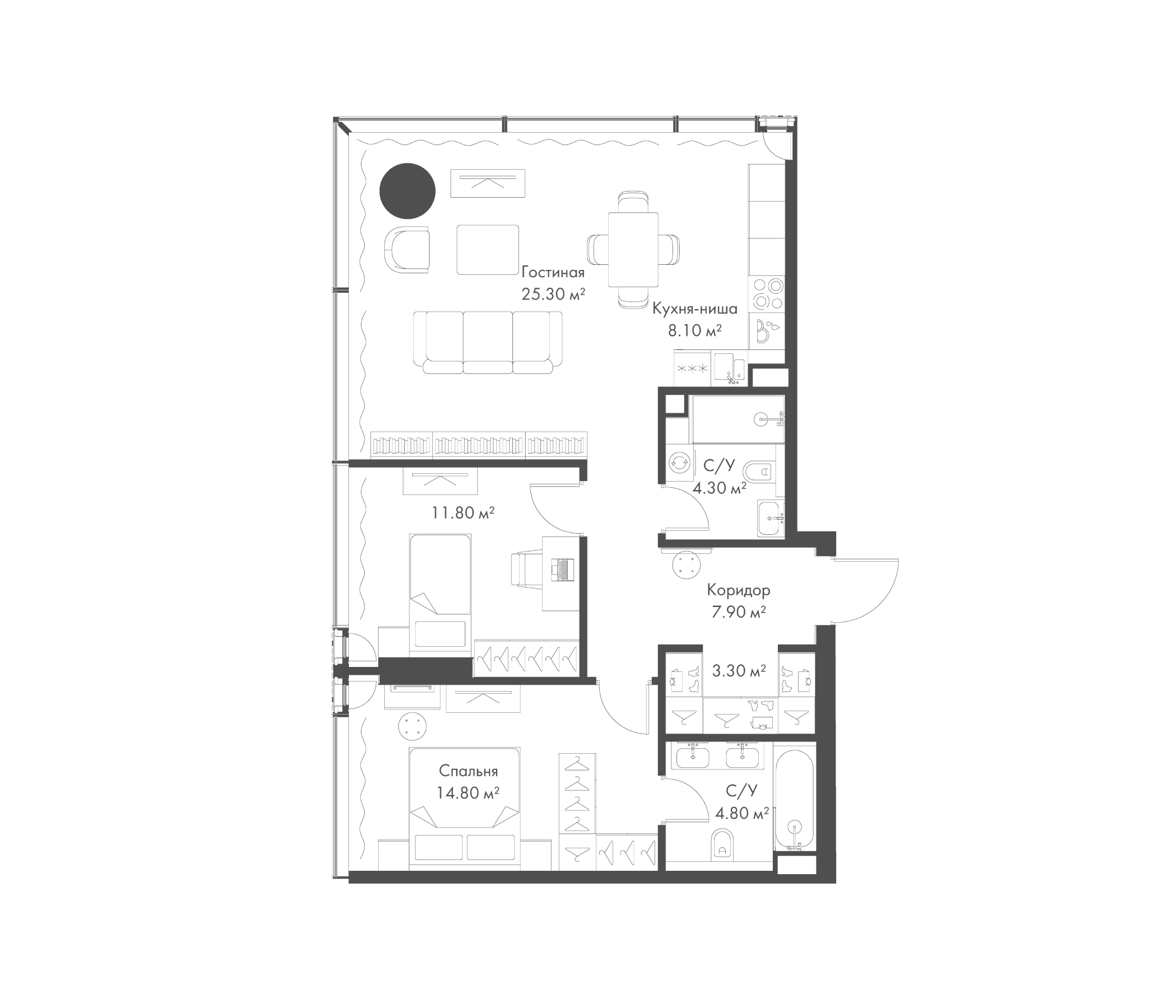 3-комн., 80.3 м², 14/37 этаж, ЖК «Слава»