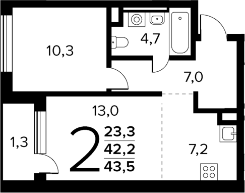 2-комн., 42.2 м², 1/13 этаж, ЖК «Новые Ватутинки Квартал у реки»