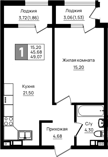 1-комн. квартира, 45.68 м² в ЖК Резиденция морей — фото 2