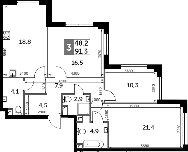3-комн., 91.3 м², 34/44 этаж, ЖК «Сидней Сити»