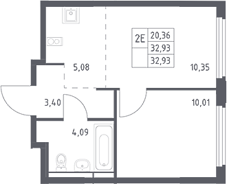 2-комн., 32.93 м², 17/17 этаж, ЖК «Космический Квартал»