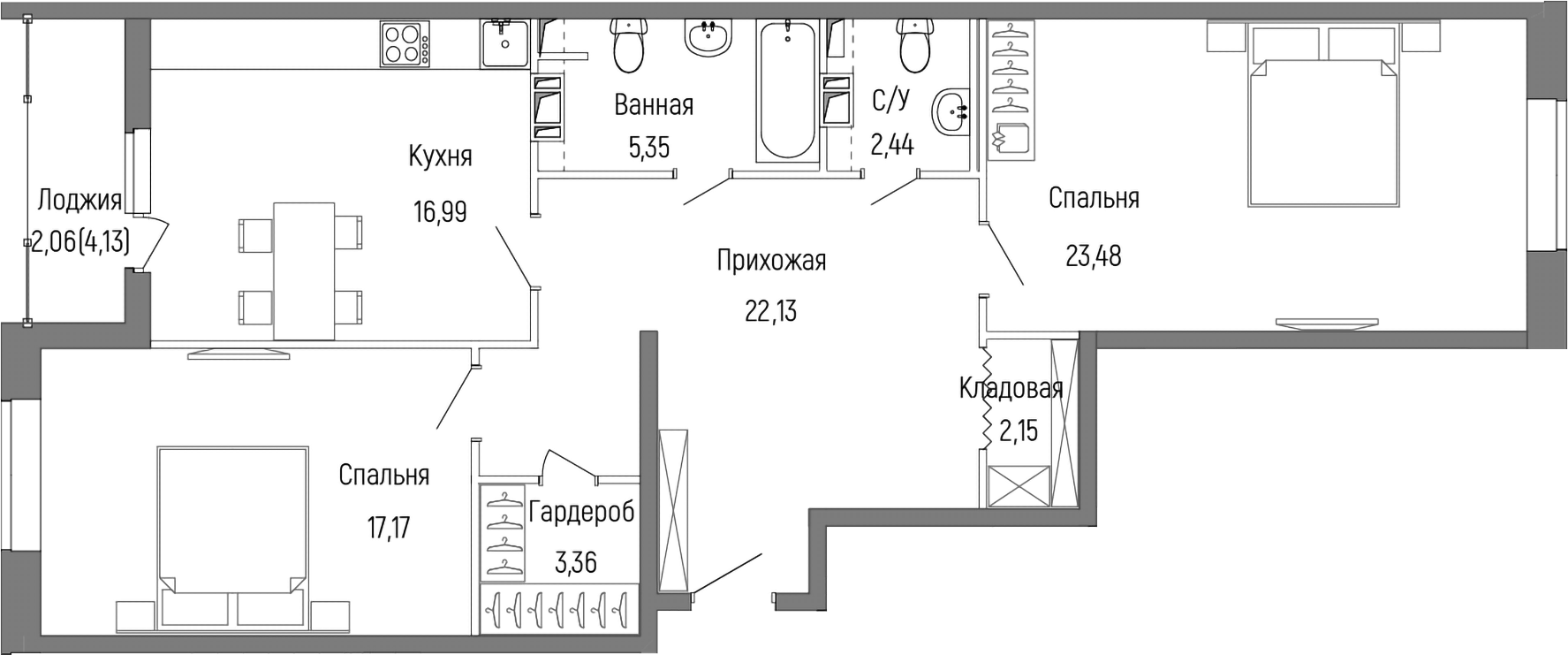 2-комн., 93.07 м², 9/9 этаж, ЖК «Рига Хиллс»