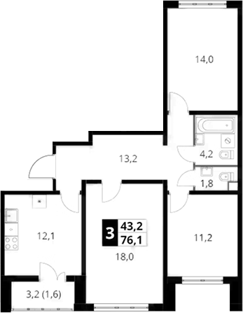 3-комн., 74.5 м², 5/22 этаж, ЖК «Южная Битца»