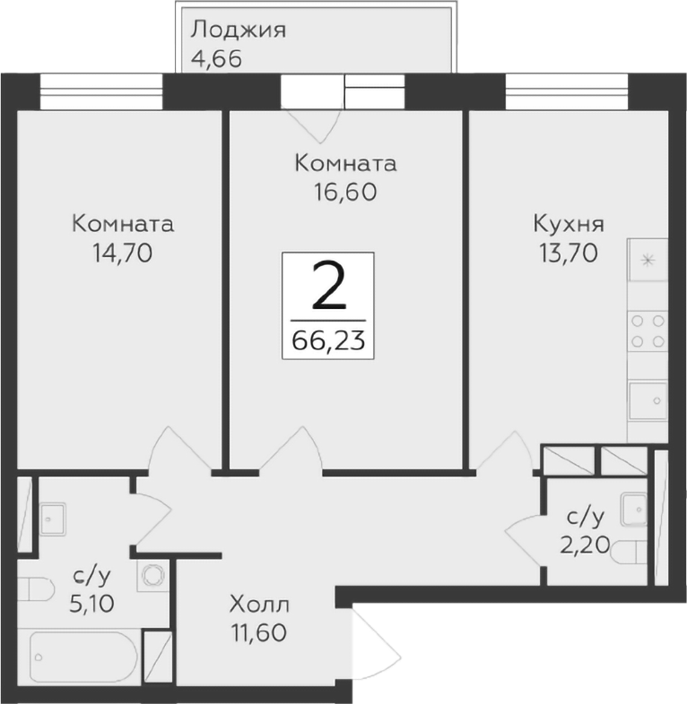 2-комн., 63.9 м², 10/17 этаж, ЖК «Малаховский»