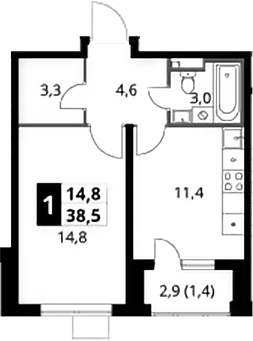 1-комн., 37.1 м², 3/24 этаж, ЖК «1-й Донской»