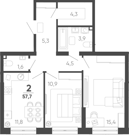 2-комн. квартира, 57.7 м² в ЖК Барса — фото 2