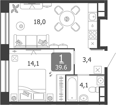 2-комн., 39.6 м², 3/5 этаж, ЖК «Шагал»