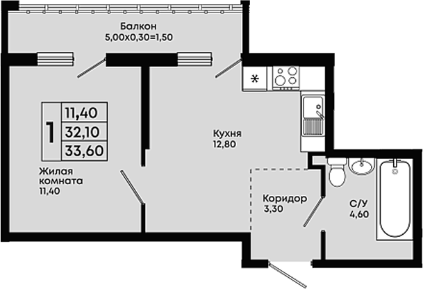 1-комн., 32.1 м², 2/18 этаж, ЖК «Премьер»