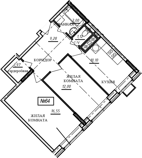 2-комн., 54 м², 14/16 этаж, ЖК «Краснофлотский»