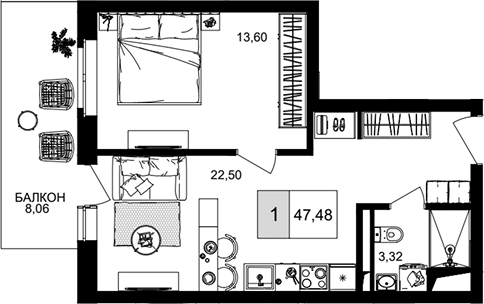 2-комн., 39.42 м², 5/8 этаж, ЖК «IT гостиничный комплекс Корсаков»