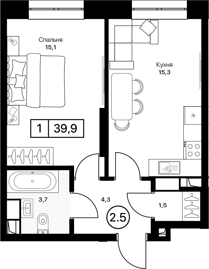 1-комн., 39.9 м², 7/13 этаж, ЖК «Пушкино Град»