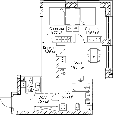 2-комн., 58.61 м², 41/51 этаж, ЖК «СЕЗАР СИТИ»