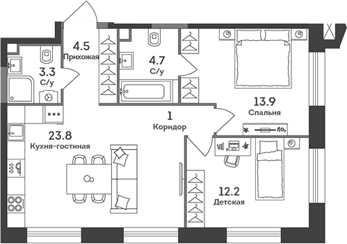 3-комн., 63.4 м², 30/37 этаж, ЖК «ЭРА»