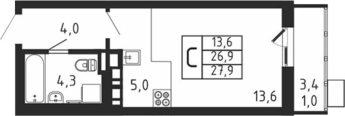 Студия, 26.9 м², 2/9 этаж, ЖК «Пироговская ривьера. Мытищи»