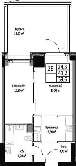 2-комн., 41.2 м², 3/35 этаж, ЖК «Мираполис»