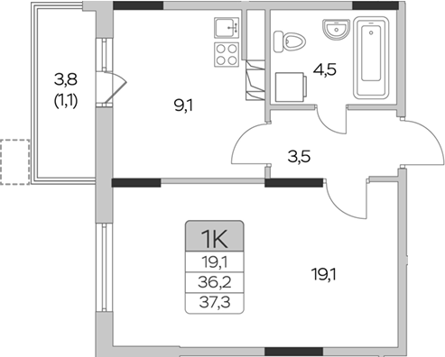 1-комн., 36.2 м², 2/9 этаж, ЖК «Пироговская ривьера. Мытищи»