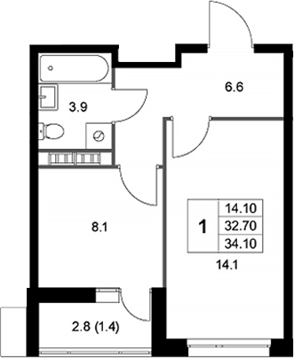 1-комн., 32.7 м², 2/8 этаж, ЖК «Легенда Коренево»