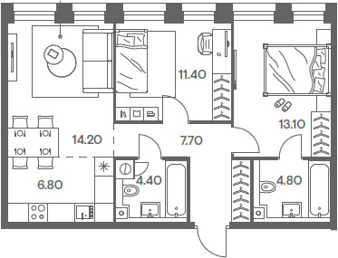 3-комн., 62.4 м², 5/10 этаж, ЖК «Инджой»