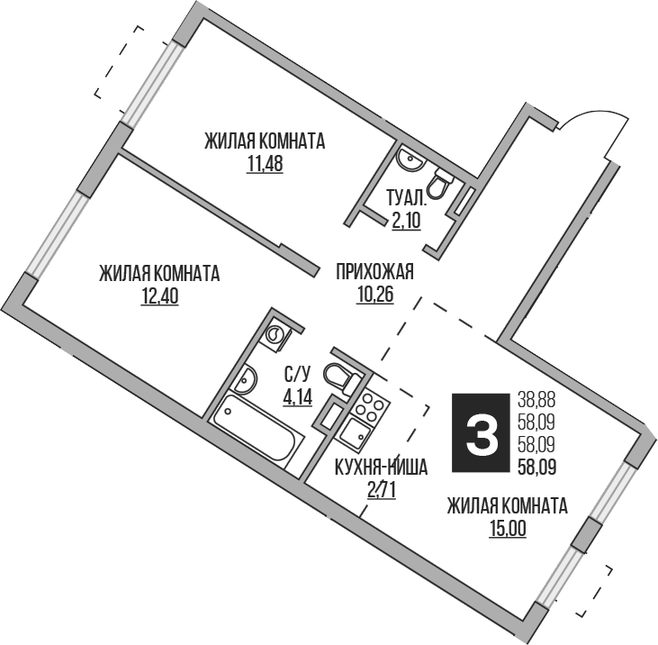 3-комн., 58.09 м², 1/6 этаж, ЖК «Гранель Аникеевский»