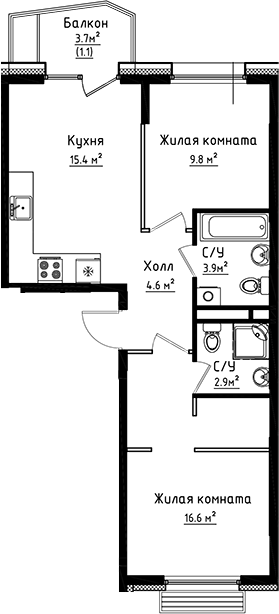 2-комн., 53.2 м², 8/8 этаж, ЖК «Коллекция»