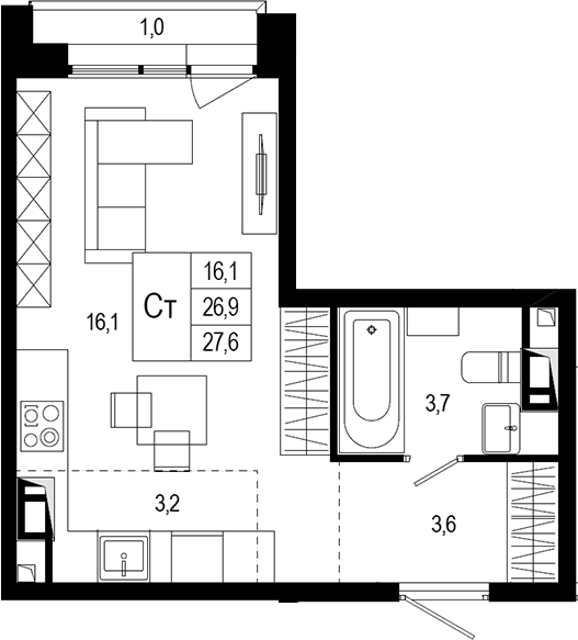 Студия, 26.9 м², 6/6 этаж, ЖК «Новая Щербинка»