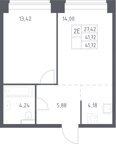 2-комн., 41.72 м², 11/12 этаж, ЖК «НОВА»