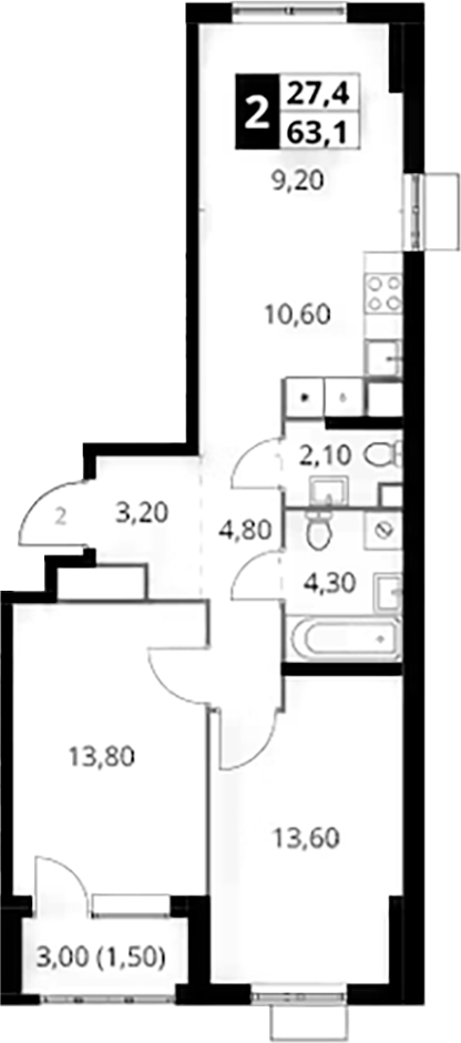 3-комн., 61.6 м², 11/17 этаж, ЖК «1-й Химкинский»