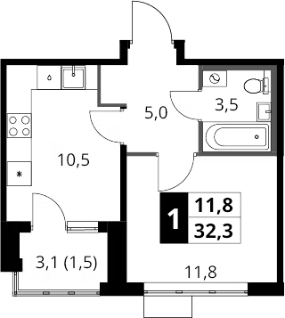 1-комн., 30.8 м², 14/16 этаж, ЖК «1-й Шереметьевский»